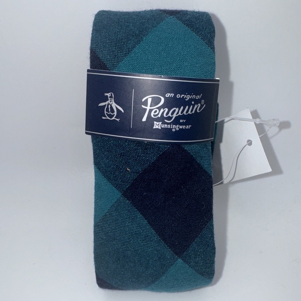 Original Penguin Skinny Necktie 100% Cotton Teal Navy Plaid NEW $55
